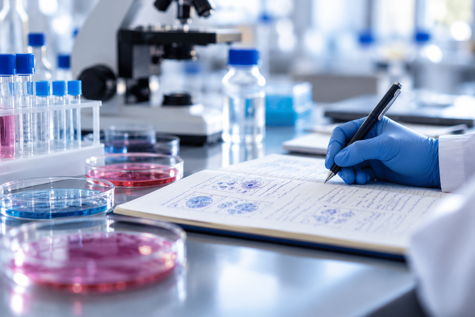 Notes de laboratoire et boîtes de Petri